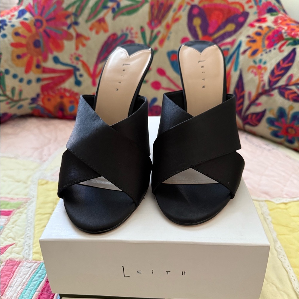 Leith Black Satin Cross-Band Mules